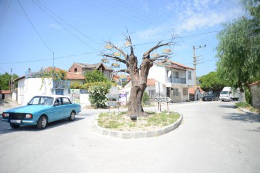 BADEML, TURKEY - 10 Temmuz 2018 Dikili, İzmir 'deki eski tarihi köy Bademli' nin ana caddesi