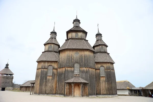 Interior Típico Casa Cossaca Edifício Madeira Zaporozhye Sich Ucrânia Igreja — Fotografia de Stock