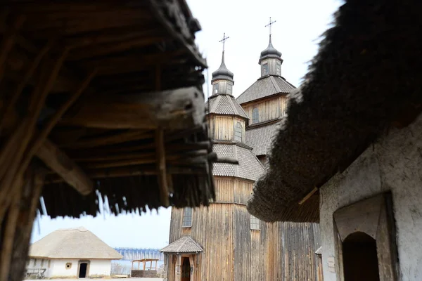 Typický Interiér Kozáckého Domu Dřevěná Budova Zaporozhye Sich Ukrajině Středověký — Stock fotografie