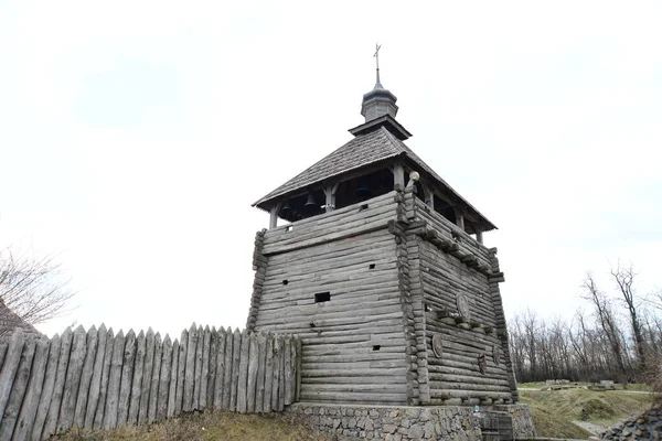 Kozáci Pevnost Dřevěná Budova Zaporozhye Sich Ukrajině Středověký Kostel Ostrově — Stock fotografie