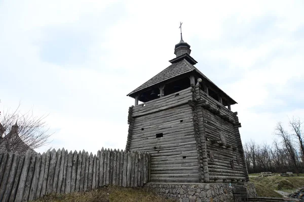 Kozáci Pevnost Dřevěná Budova Zaporozhye Sich Ukrajině Středověký Kostel Ostrově — Stock fotografie