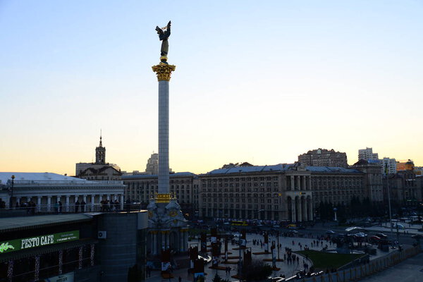 Ukraine, Kiev - APRIL 5, 2019: Independence Square (Maidan Nezalezhnosti) - the main square of Kiev, the Independence Column (Berehynia), the Conservatory and Khreshchatyk Street.
