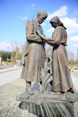 MINSK, BELARUS - 15 Nisan 2019: Belarus Büyük Vatanseverlik Savaş Müzesi 'nde Obelisk. Beyaz Rusya 'nın Minsk şehrinde bir müzedir. Alman Sovyet Savaşı 'nın anısına yapılmış bir müze konsepti