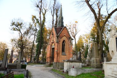 LVIV, UKRAINE - 17 Nisan 2019: Ukrayna dilinde Lychakiv adı verilen eşsiz mezarlar ve mezarlık üzerindeki heykeller (ünlü ve tarihi)