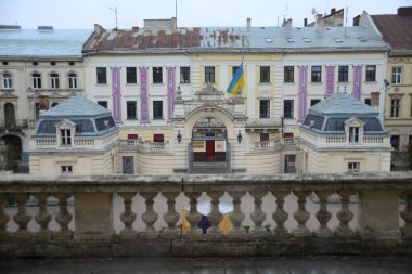 LVIV, UKRAINE - APRIL 17, 2019: Facade of the Potocki Palace interior at the 18th of June 2017 in Lviv, Ukraine. In the 2000s the President of Ukraine appropriated the palace as one of his residences clipart