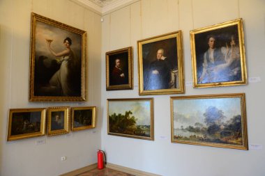 LVIV, UKRAINE - 17 Nisan 2019: 18 Haziran 2017 'de Lviv, Ukrayna' da Potocki Sarayı 'nın iç cephesi. 2000 'lerde Ukrayna Başkanı sarayı konutlarından biri olarak tahsis etti.