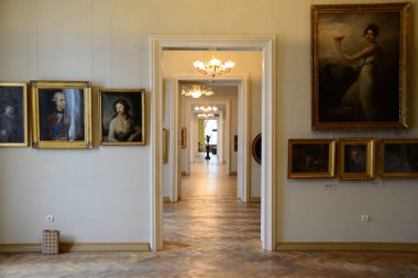 LVIV, UKRAINE - 17 Nisan 2019: 18 Haziran 2017 'de Lviv, Ukrayna' da Potocki Sarayı 'nın iç cephesi. 2000 'lerde Ukrayna Başkanı sarayı konutlarından biri olarak tahsis etti.