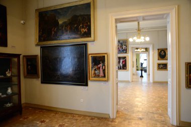 LVIV, UKRAINE - 17 Nisan 2019: 18 Haziran 2017 'de Lviv, Ukrayna' da Potocki Sarayı 'nın iç cephesi. 2000 'lerde Ukrayna Başkanı sarayı konutlarından biri olarak tahsis etti.