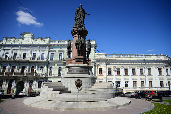ODESSA, UKRAINE - APRIL 20, 2019: Monument to Catherine II and the founders of the city, the central most recognizable part of the city with authentic architecture on a sunny day