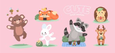 Bir grup vektör sevimli hayvan. Orman memelileri bahar-yaz havasında. Çizgi film tarzında koleksiyon