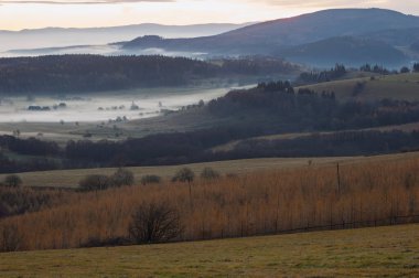 Sakin kırsal alanlarda sisli bir sabah manzarası ve uzak evler. Sakin bir kır manzarası sisli bir sabahı tarlalarda yuvarlanırken yakalıyor. Uzaktan bakan evler sislerin arasından sakin ve huzurlu bir atmosfer yaratıyor.. 