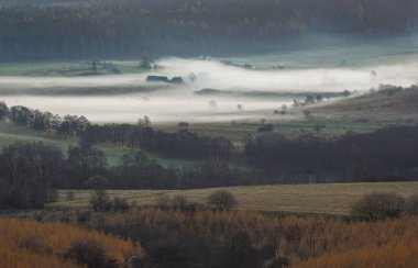 Sakin kırsal alanlarda sisli bir sabah manzarası ve uzak evler. Sakin bir kır manzarası sisli bir sabahı tarlalarda yuvarlanırken yakalıyor. Uzaktan bakan evler sislerin arasından sakin ve huzurlu bir atmosfer yaratıyor.. 