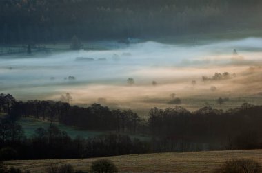 Sakin kırsal alanlarda sisli bir sabah manzarası ve uzak evler. Sakin bir kır manzarası sisli bir sabahı tarlalarda yuvarlanırken yakalıyor. Uzaktan bakan evler sislerin arasından sakin ve huzurlu bir atmosfer yaratıyor.. 