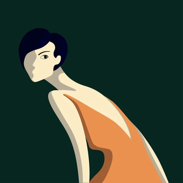 Hermosa mujer joven con peinado bob azul y vestido elegante. Colores oscuros — Vector de stock