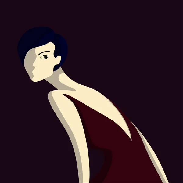 Hermosa mujer joven con peinado bob azul y vestido elegante. Colores oscuros — Vector de stock