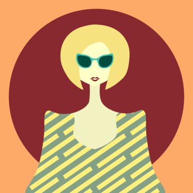 Bob saç modeli olan güzel kadın. Retro ve pop art. Koyu turuncu ve sarı renkler