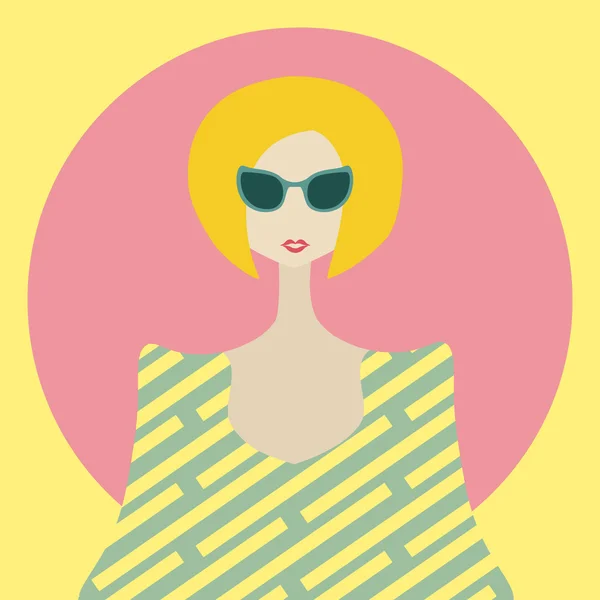 Bob saç modeli olan güzel kadın. Retro ve pop art. Açık pembe ve sarı renkleri