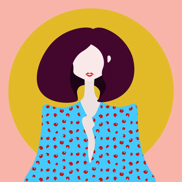 Bob saç modeli olan güzel kadın. Retro ve pop art. Mavi, pembe ve sarı renkler
