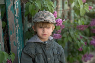 Üzgün, gücenmiş bir çocuk, leylak çalısı olan bir çitin yanında duruyor. Çocukluk kavramı, kırsal kesim, bahar