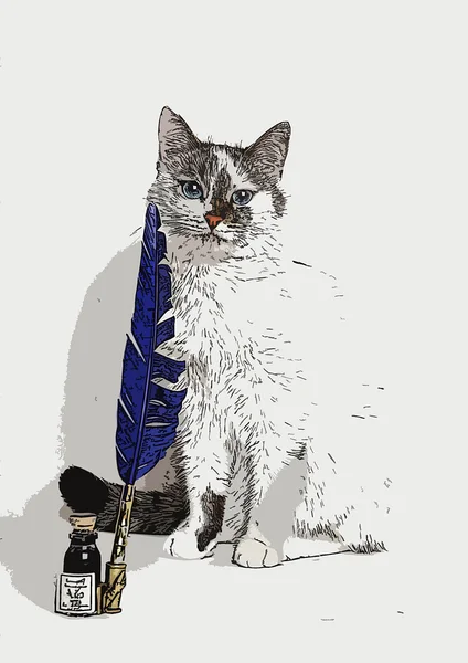 Illustratie kat met blauwe ganzenveer en inkt — Stockfoto