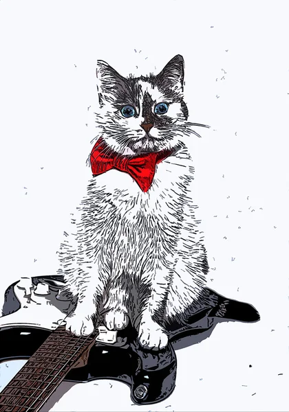 Ábra Surprised kék szemű macska vörös csokornyakkendő és az elektromos gitár — Stock Fotó