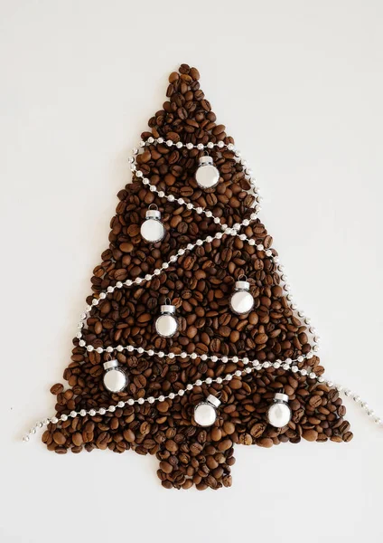 Christmas Tree Made Coffee Beans Decorated Silver Balls Beads White — Stock Photo, Image