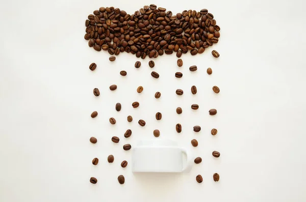 Coffee Beans Shape Cloud Pouring Raindrops Inverted Cup Umbrella White — Stock Photo, Image