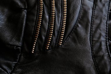 Dekoratif fermuarlı siyah deri kumaş, arka plan. Moda tasarımı ayrıntıları