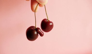 İki kiraz pembe arka planda bir erkek ve bir kadını sembolize ediyor. Tasarım için boş alan.