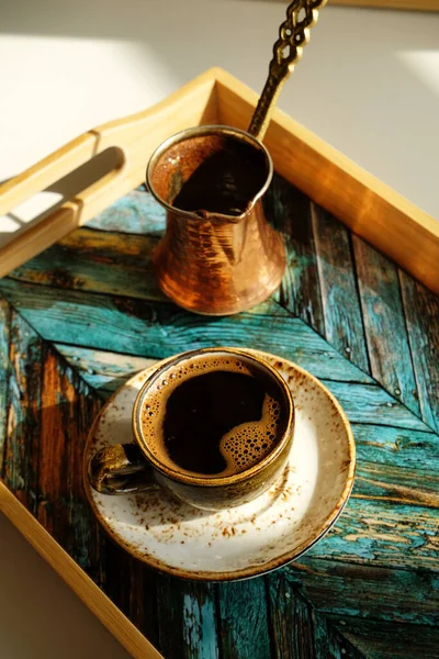 Freshly Brewed Hot Turkish Coffee Craft Ceramic Espresso Cup Saucer — Stock Photo, Image