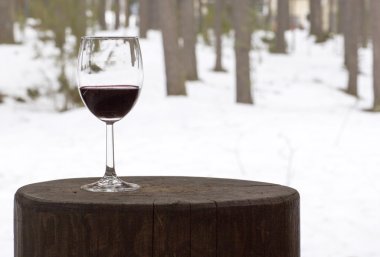 Cam kadehi ağaçlar bir arka plan üzerinde kırmızı şarap. 