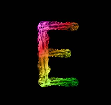 Duman, gökkuşağı rengi, E harfi, siyah arkaplan