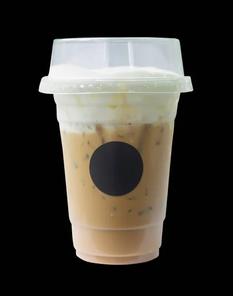 Iced coffee in plastic cup isolated on black background