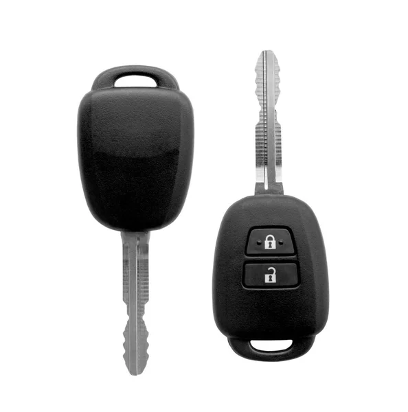 Beyaz arkaplanda izole edilmiş modern araba anahtarlarının üst görünümü