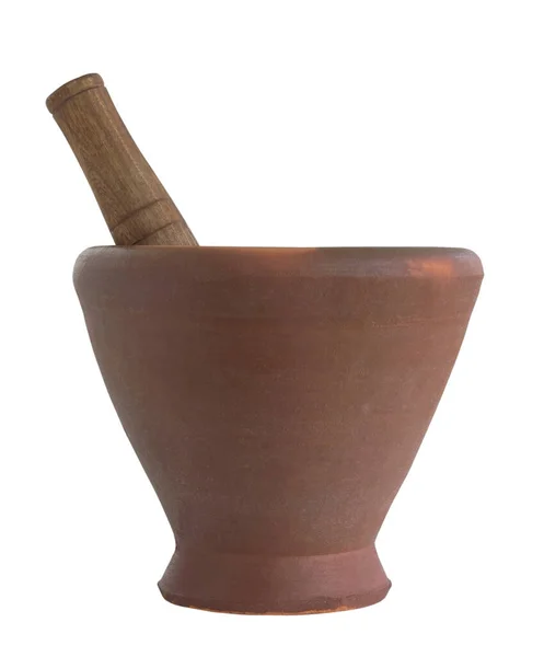 Terracotta Havan Topu Ahşap Beyaz Arka Planda Izole Edilmiş — Stok fotoğraf