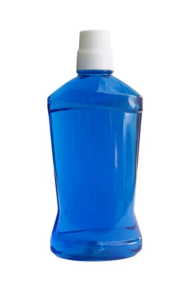 Air Biru Botol Obat Kumur Terisolasi Pada Latar Belakang Putih — Stok Foto