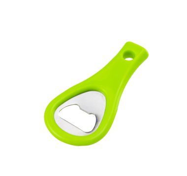 Yeşil plastik şişe açacağı beyaz arkaplanı izole etti. Kesme yolu