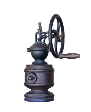 Ahşap mekanik kahve öğütücüsü beyaz zeminde izole edilmiş. Kırpma yolu.