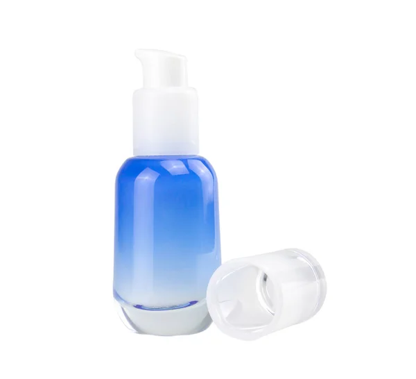 Fondo Blanco Aislado Botella Suero Facial Azul Con Ruta Recorte —  Fotos de Stock
