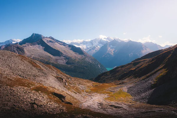 Zillertal Alpy Austriackie Letnia Sceneria Górska Olpererhtte Uchodźca Schlegeisspeicher Widok — Zdjęcie stockowe