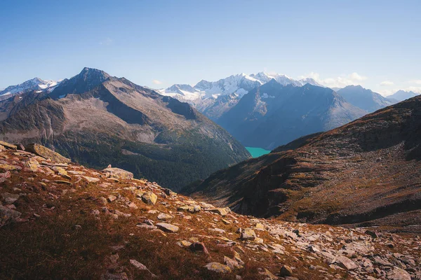 Zillertal Alpy Austriackie Letnia Sceneria Górska Olpererhtte Uchodźca Schlegeisspeicher Widok — Zdjęcie stockowe