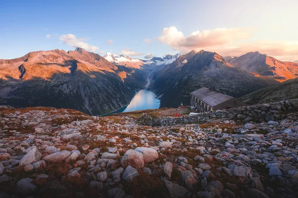 Zillertal Alpy Austriackie Letnia Sceneria Górska Olpererhtte Uchodźca Schlegeisspeicher Widok — Zdjęcie stockowe