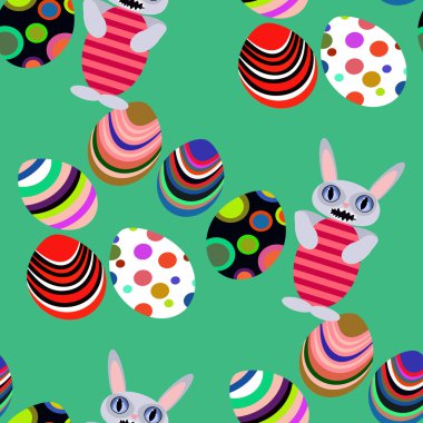 Komik Tavşan üzerinde yeşil bir arka plan ve Paskalya yumurtası.