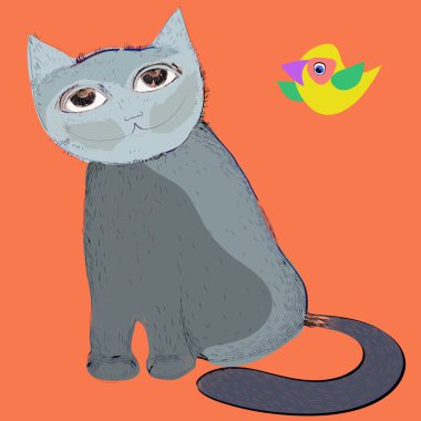 Şirin kedi ve turuncu zemin üzerine kuş. Vektör çizim.