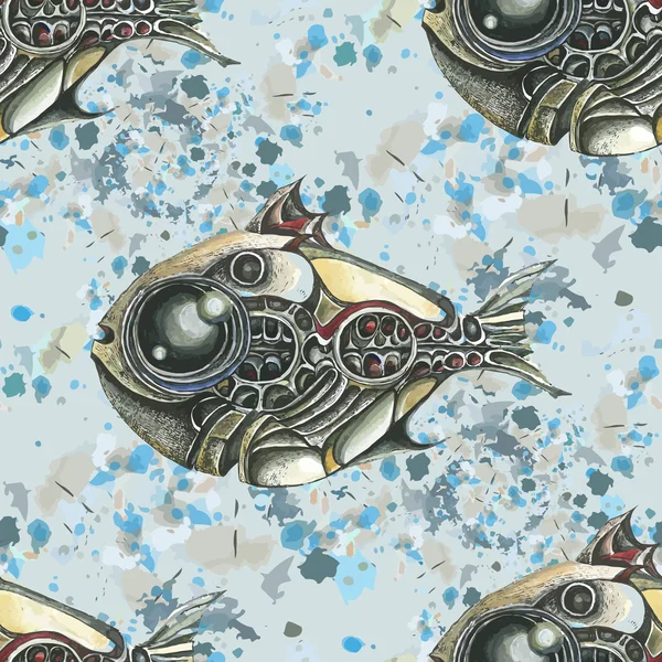 A imagem de peixe no estilo de steampunk. Manchas de aquarela no fundo. Padrão sem costura vetorial . — Vetor de Stock