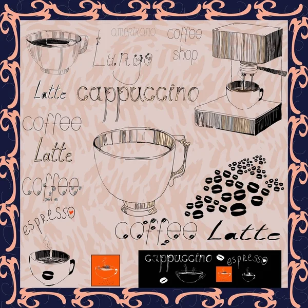 Un conjunto de dibujos para las tazas de café, expreso, granos de café, un conjunto de etiquetas para el menú. Bosquejo estilizado de un dibujo a pluma — Vector de stock