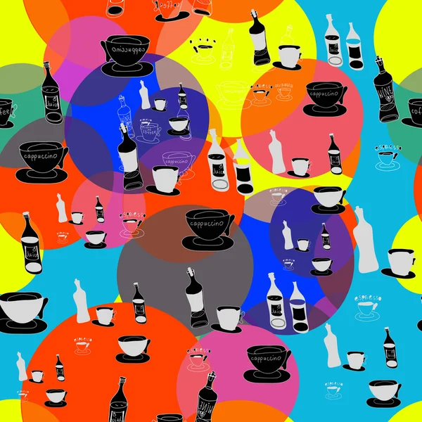 Fondo brillante con tazas y botellas. Café y vino. Sin costuras . — Vector de stock