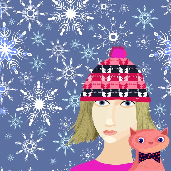 Retrato de una chica con un gato sobre un fondo de nieve . — Vector de stock