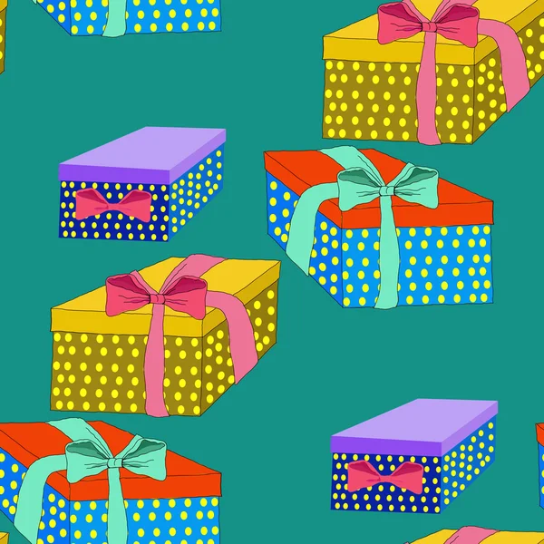 Cajas con regalos en un fondo verde.Sin costuras . — Vector de stock