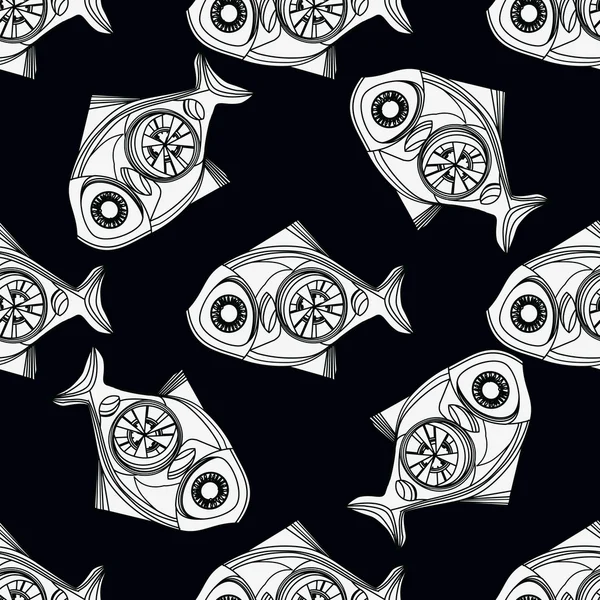 Black and white drawing of a fish Steampunk. Seamless. — Stock Vector